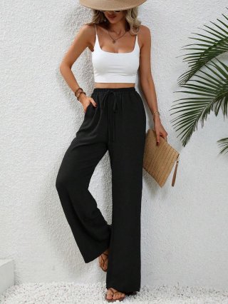 Women High Waisted Wide Leg Pants Elastic Drawstring Waist Casual Flowy Trousers For Vacation Summer Beach Comfort Solid Color Palazzo Pants With Pockets