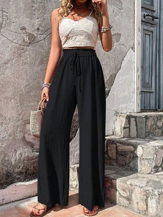 Women's High Waisted Wide Leg Pants Casual Loose Bubble Grid Waffle Texture Trousers with Drawstring for Summer Spring Fashion Daily Wear