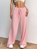 Women's Casual Ribbed Knit Wide Leg Pants High Waist Striped Solid Color Drawstring Loose Straight Lounge Trousers For Home Streetwear