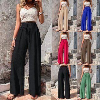 Women High Waist Wide Leg Pants 100% Polyester Seersucker Bubble Grid Drawstring Elastic Waist Casual Loose Long Trousers For Summer Vacation Beach Daily Wear Boho Western Style