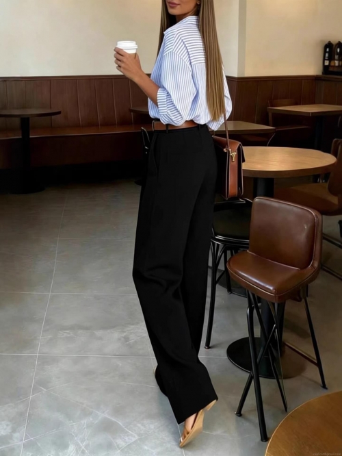 Women's Casual Wide Leg Pants Polyester Blend High Waist Trousers With Pockets For Office Work Commute Elegant Solid Color Long Pants