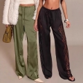 Women's Sexy Satin Lace Patchwork Wide Leg Pants Loose Drawstring Waist Floor Length Trousers Elegant Solid Color Polyester Bottoms For Ladies