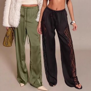 Women's Sexy Satin Lace Patchwork Wide Leg Pants Loose Drawstring Waist Floor Length Trousers Elegant Solid Color Polyester Bottoms For Ladies