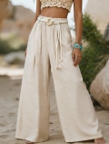Women's High Waist Wide Leg Pants With Braided Belt Bohemian Vacation Style Solid Color Polyester Casual Long Trousers For Ladies
