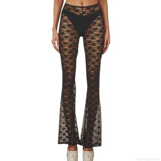 Women's Sexy Lace Flared Pants Transparent Floral Hollow Out High Waist Wide Leg Trousers for Party Clubwear Streetwear Mesh Bell Bottom Pants