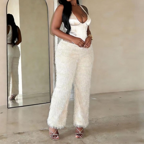 Women's Sexy Leopard Print Plush Wide Leg Pants Casual Low Waist Stretchy Faux Fur Cropped Trousers For Streetwear Party Daily Wear Polyester Spandex