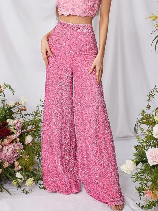 Women's High Waisted Sequin Wide Leg Pants Sparkling Glitter Loose Trousers For Party Banquet Streetwear Chic Evening Pants Polyester Sequin Overlaid Bottoms