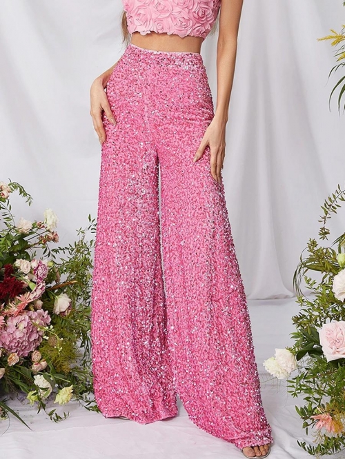 Women's High Waisted Sequin Wide Leg Pants Sparkling Glitter Loose Trousers For Party Banquet Streetwear Chic Evening Pants Polyester Sequin Overlaid Bottoms