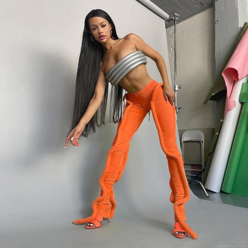 Women's Sexy Ribbed Tight Pencil Pants With Personality Side 3D Ruffles Stacking Design Streetwear Mid Waist Long Trousers For Hot Girl