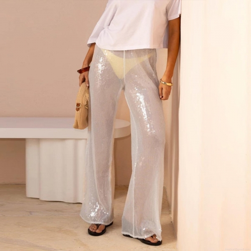 Women Sexy White Sequin Mesh Wide Leg Pants See-Through Sheer Mesh High Waist Trousers Summer Beach Cover Up Party Clubwear Loose Sequined Long Pants