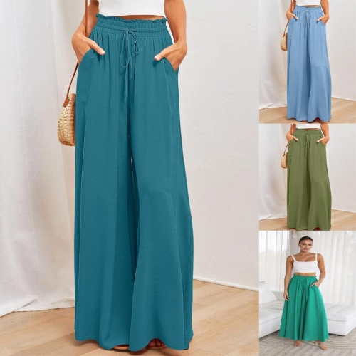 Women's Casual High Waist Wide Leg Pants Polyester Spandex Blend Linen Texture Elastic Drawstring Waist Long Trousers with Pockets Vacation Style