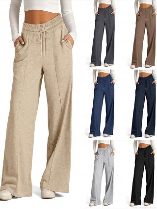 Women's High Waist Wide Leg Pants Polyester Spandex Drawstring Casual Solid Color Straight Long Trousers For Autumn Winter Fashion Ladies