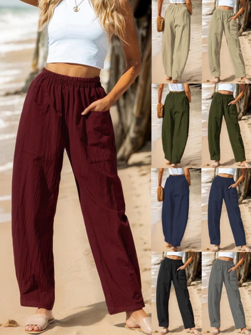 Women's Wide Leg Casual Pants Loose Elastic High Waist Trousers With Pockets Beach Holiday Cotton Linen Feel Solid Color Long Bottoms