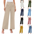 Women's High Waist Wide Leg Pants Elegant Business Work Casual Trousers with Flap Pockets and Buttons Elastic Waist Polyester Spandex Blend Pants