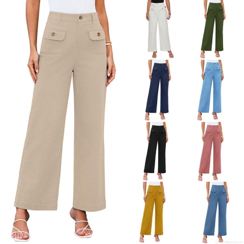 Women's High Waist Wide Leg Pants Elegant Business Work Casual Trousers with Flap Pockets and Buttons Elastic Waist Polyester Spandex Blend Pants