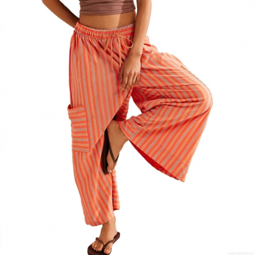 Women's Casual Striped Wide Leg Pants High Waisted Drawstring Straight Trousers With Pockets Loose Fashion Multi Color Striped Summer Vacation Beach Long Pants For Women