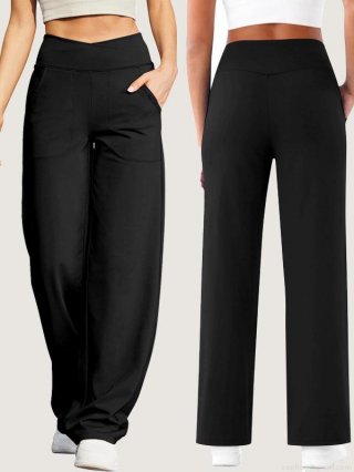 Women's High Waisted V-Cross Yoga Pants Polyester Spandex Blend Naked Feeling Wide Leg Workout Trousers With Pockets Casual Gym Fitness Long Pants