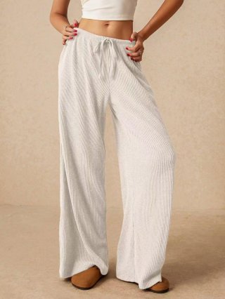 Women High Waisted Wide Leg Pants Ribbed Knit Drawstring Elastic Waist Loose Casual Long Trousers Solid Color Comfy Loungewear Fall Winter