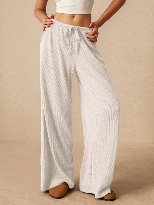 Women High Waisted Wide Leg Pants Ribbed Knit Drawstring Elastic Waist Loose Casual Long Trousers Solid Color Comfy Loungewear Fall Winter