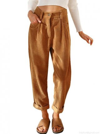 Women's Retro Corduroy Casual Pants High Waist Straight Leg Tapered Harem Trousers With Pockets Solid Color Vintage Style Loose Fit Fall Winter Bottoms