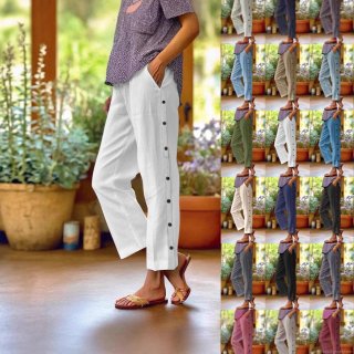 Women's Casual Loose Cotton Linen Pants Breathable Fabric Side Decorative Buttons Elastic High Waist With Pockets Wide Leg Straight Cropped Pants For Summer Vacation Commute