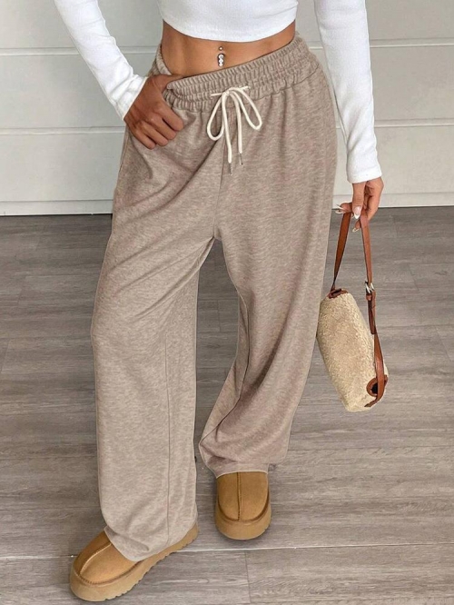 Women's Casual Wide Leg Pants Polyester Spandex High Waist Drawstring Loose Slim Trousers For Office Daily Commuter Solid Color Knitted Long Sweatpants