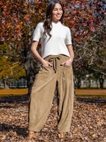 Women's High Waisted Corduroy Wide Leg Pants Casual Loose Drawstring Trousers with Large Pockets Solid Color Straight Leg Pants