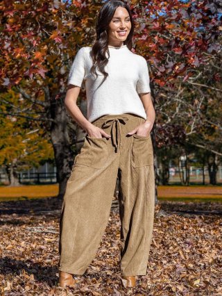 Women's High Waisted Corduroy Wide Leg Pants Casual Loose Drawstring Trousers with Large Pockets Solid Color Straight Leg Pants