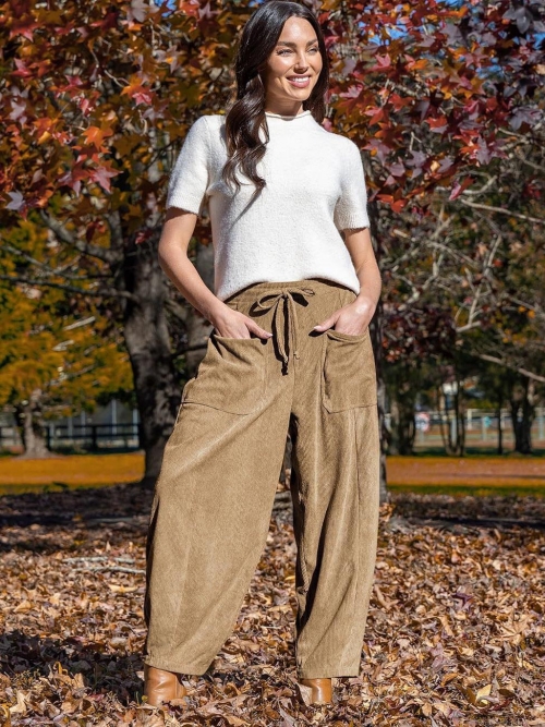 Women's High Waisted Corduroy Wide Leg Pants Casual Loose Drawstring Trousers with Large Pockets Solid Color Straight Leg Pants