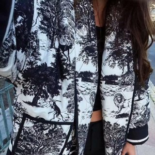 Women's Retro Toile de Jouy Print Quilted Jacket French Vintage Padded Coat Lapel Loose Long Sleeve Outerwear For Autumn Winter