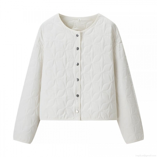 Women Round Neck Quilted Jacket Floral Geometric Pattern Lightweight Padded Coat With Metal Snap Buttons Long Sleeve 100% Polyester Outerwear For Autumn Winter