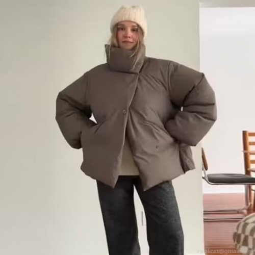 Women's Fashion Casual Solid Color Puffer Jacket Stand Collar Loose Cotton-Padded Coat Warm Winter Outerwear for Women Long Sleeve Bread Jacket