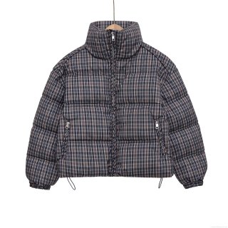 Women's Plaid Padded Jacket Vintage Grey Blue Checked Quilted Coat With Stand Collar Drawstring Hem Long Sleeve Winter Warm Outerwear For Women Streetwear