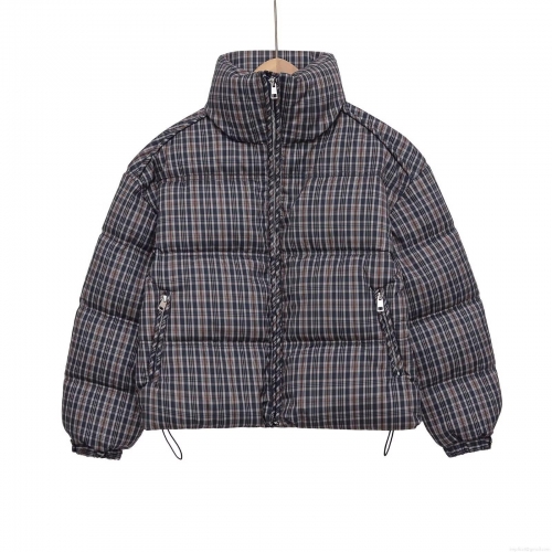 Women's Plaid Padded Jacket Vintage Grey Blue Checked Quilted Coat With Stand Collar Drawstring Hem Long Sleeve Winter Warm Outerwear For Women Streetwear