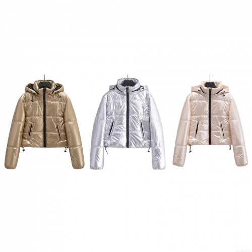 Women's Metallic Shiny Puffer Jacket Hooded Long Sleeve Cotton Padded Coat Winter Short Quilted Streetwear Windproof Outerwear For Lady