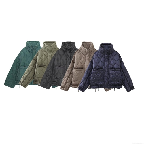 Women's Quilted Puffer Jacket Lightweight Wavy Pattern Mock Neck Zip Up Padded Outerwear With Large Pockets Drawstring Hem For Winter Autumn Streetwear