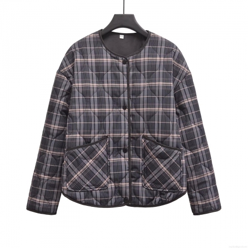 Women's Western Style Round Neck Quilted Plaid Jacket With Single Breasted Buttons Long Sleeve Polyester Outerwear Gray Pink White Warm Coat For Autumn Winter Streetwear