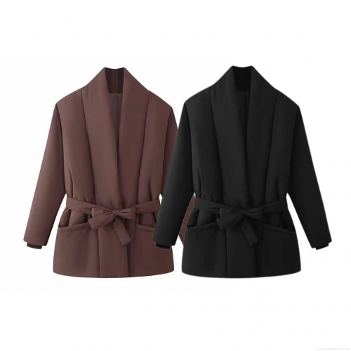 Women's Winter Puffer Cotton Jacket Belted Waist Solid Color Warm Parka Outerwear Streetwear Ladies Long Sleeve Deep Brown Coat