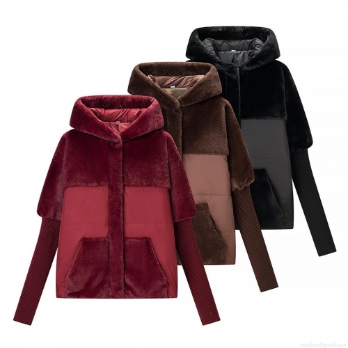 Women's Autumn Winter Hooded Padded Jacket Faux Fur Patchwork Knit Ribbed Cuffs Warm Zipper Outwear Coat With Pockets