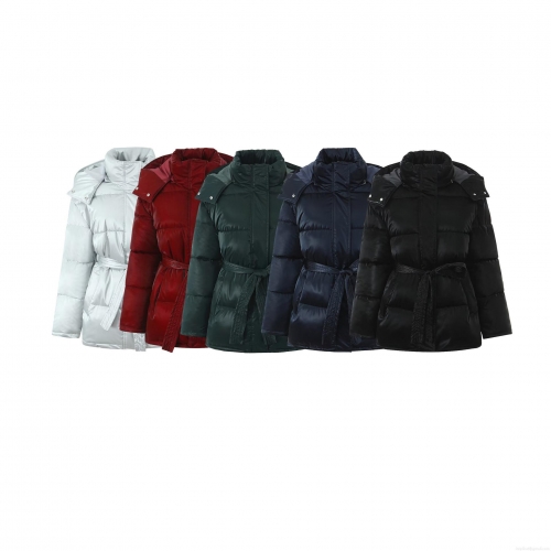 Women's Glossy Puffer Jacket Hooded Mid-Long Padded Cotton Coat With Waist Tie Winter Warm Windproof Outerwear Fashion Streetwear Ladies Padded Jacket