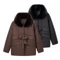 Women's Winter Padded Jacket With Detachable Faux Fur Collar Quilted Slim Waist Tie-Up Coat Long Sleeve Thick Streetwear Outwear Brown Black