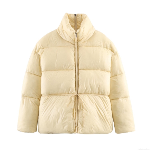 Women's Puffer Jacket White Duck Down Filled Warm Stand Collar Drawstring Waist Padded Coat Winter Casual Streetwear Ladies Windproof Outerwear