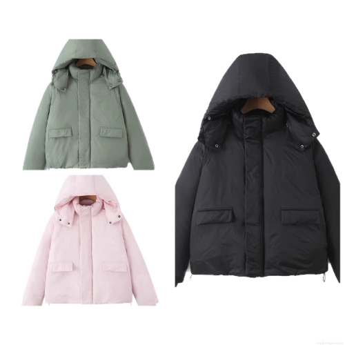 Women's Winter Oversized Padded Jacket Fashion Casual Detachable Hooded Cotton Coat Warm Windproof Short Parka Outerwear With Drawstring Hem