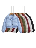 Women Winter Short Puffer Jacket Polyester Padded Coat Stand Collar Single-Breasted Zipper Quilted Outerwear Warm Windproof Bread Jacket For Ladies