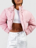 Women's Short Puffer Jacket Stand Collar Zipper Pocket Warm Winter Puffy Bread Coat Solid Color Streetwear Outerwear For Ladies