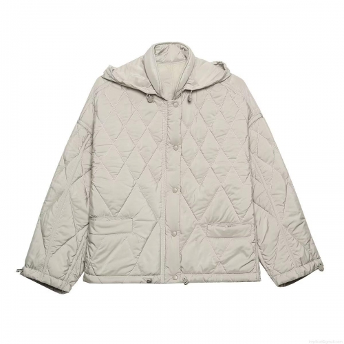 Women's Quilted Hooded Cotton Padded Jacket 100% Polyester Diamond Pattern Stand Collar Zipper Snap Button Outerwear For Winter Fashion