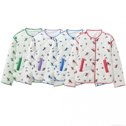 Women's Quilted Floral Print Cotton Padded Jacket Polyester Fabric Warm Lightweight Casual Coat For Winter Outdoor Streetwear Ladies Fashion Long Sleeve Outerwear