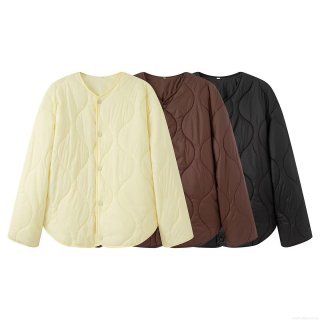 Women's Winter Quilted Padded Jacket 100% Polyester Windproof Warm Long Sleeve Round Neck Button Up Coat For Outdoor Daily Wear Casual Street Style Loose Fit Outerwear