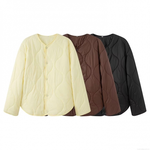 Women's Winter Quilted Padded Jacket 100% Polyester Windproof Warm Long Sleeve Round Neck Button Up Coat For Outdoor Daily Wear Casual Street Style Loose Fit Outerwear