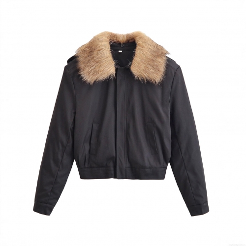 Women Winter Padded Jacket With Faux Fur Collar Polyester Long Sleeve Zipper Streetwear Warm Cotton Coat Outerwear For Ladies